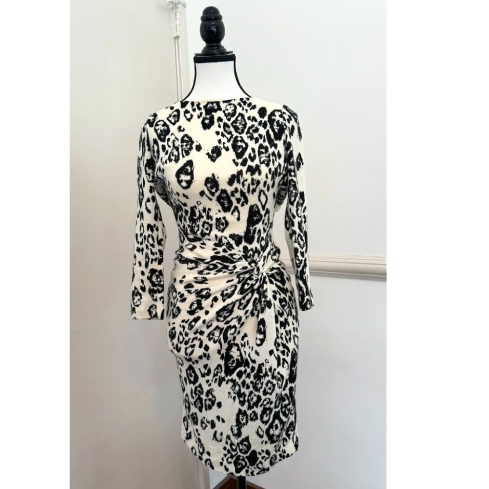 Caché Black & White Leopard Print Ruched Knit Dress | Size XS